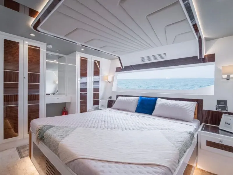 Tinted bedroom glazing aboard the GHOST 72ft yacht