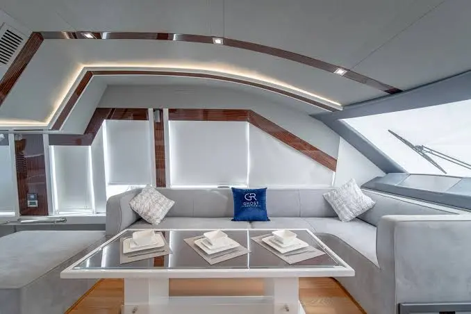Interior saloon glazing aboard the GHOST 72ft yacht
