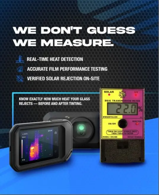 Dr SunShield measuring film performance on-site — FLIR thermal camera and a solar transmission meter reading 22% visible light
