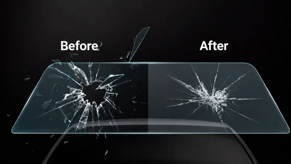 Before and after comparison of a car windshield: untreated glass shattering apart versus glass held together by Dr SunShield safety window film