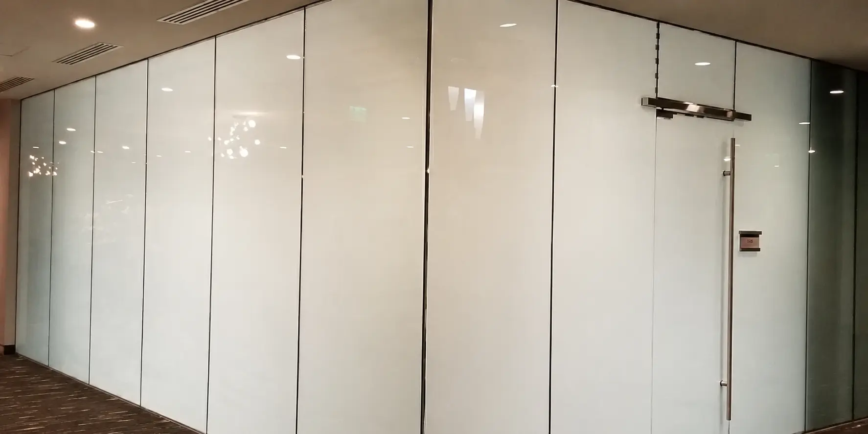 Smart film office partition in its private frosted state